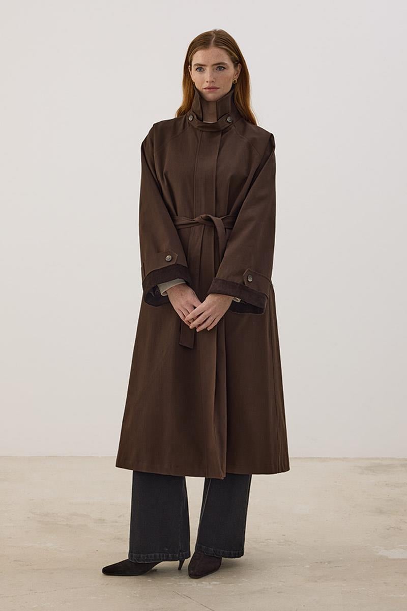 Kadife Detaylı Trençkot Acı kahve