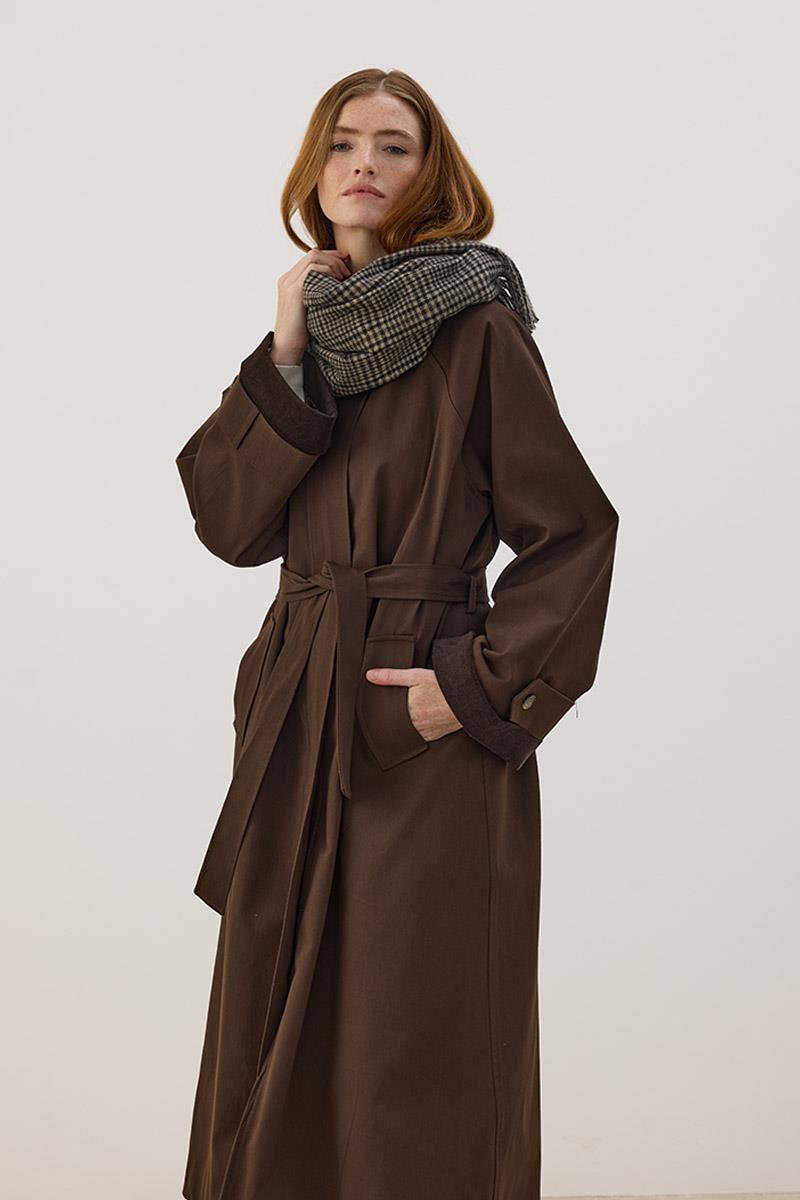 Kadife Detaylı Trençkot Acı kahve