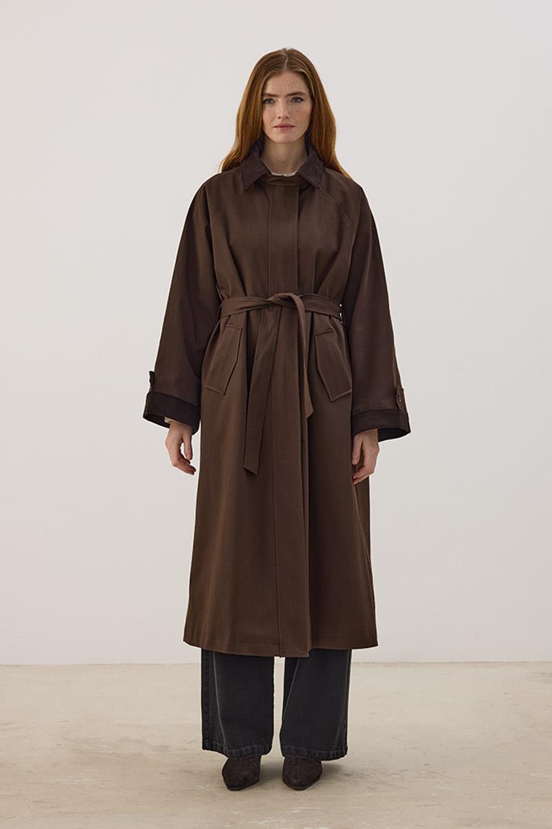 Kadife Detaylı Trençkot Acı kahve