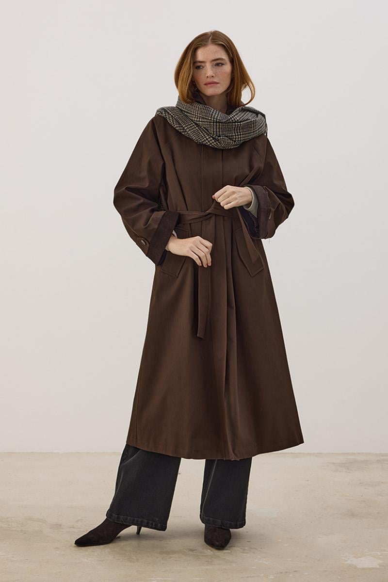 Kadife Detaylı Trençkot Acı kahve