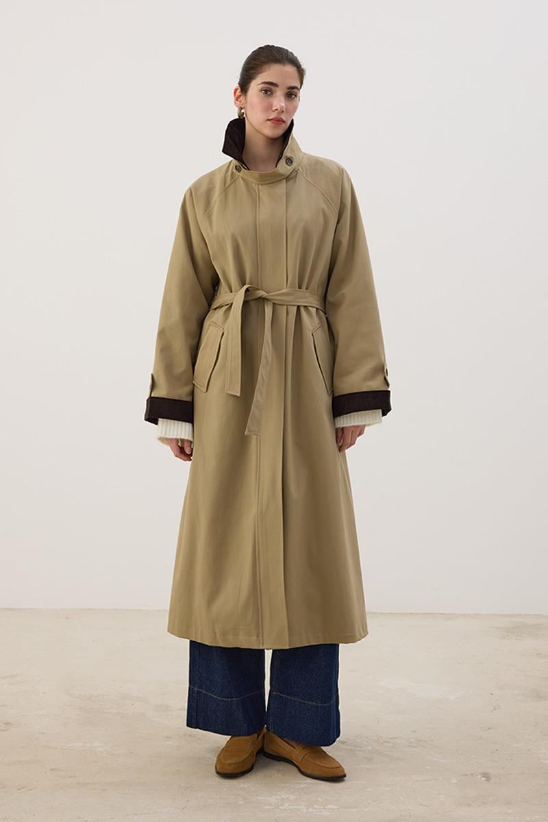 Kadife Detaylı Trençkot Koyu Bej