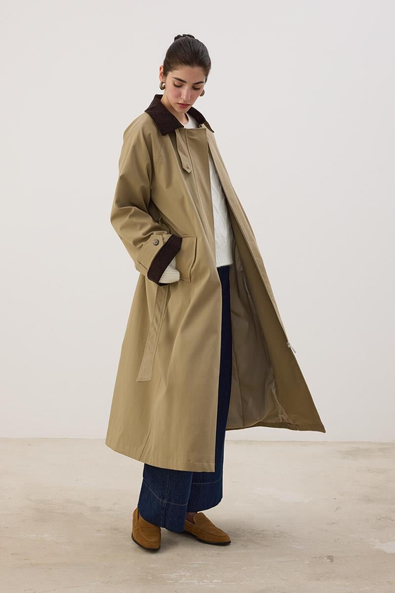 Kadife Detaylı Trençkot Koyu Bej