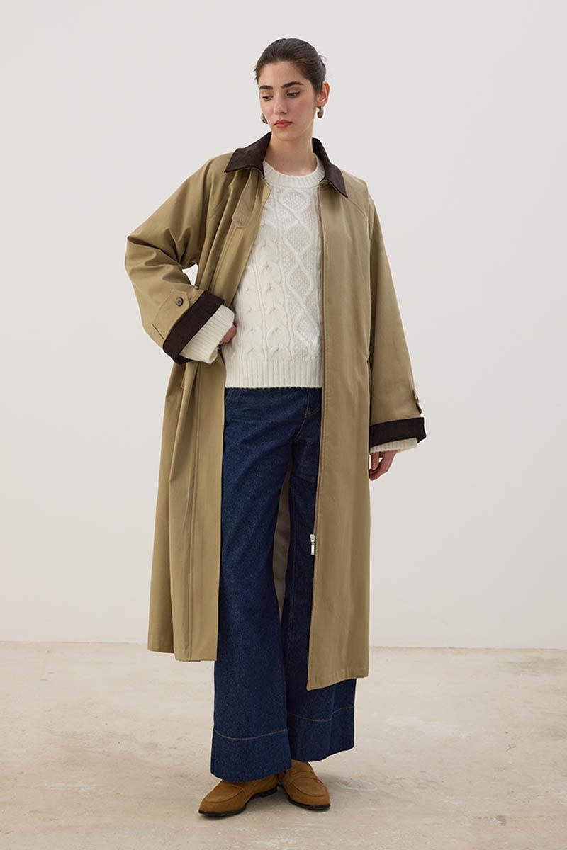 Kadife Detaylı Trençkot Koyu Bej