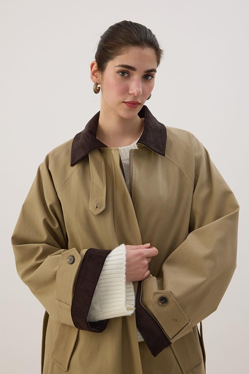 Kadife Detaylı Trençkot Koyu Bej