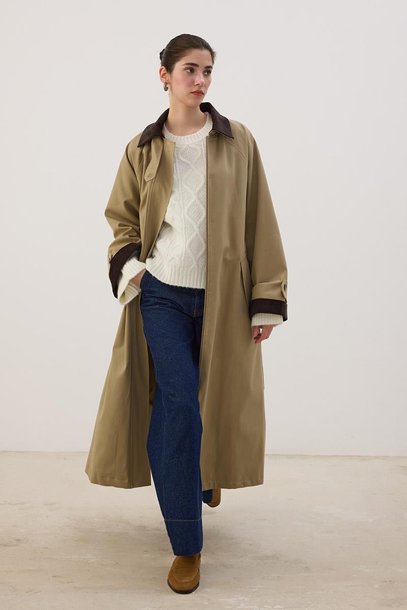 Kadife Detaylı Trençkot Koyu Bej