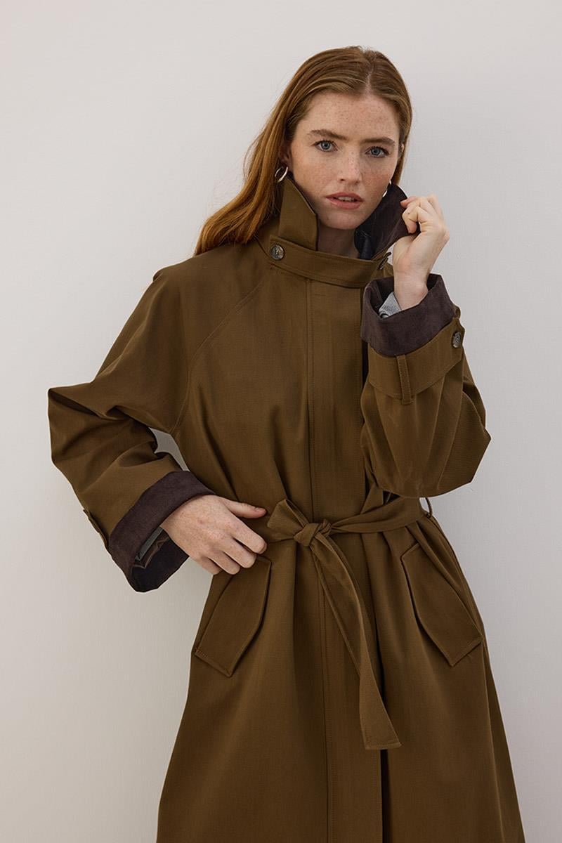 Kadife Detaylı Trençkot Koyu Haki