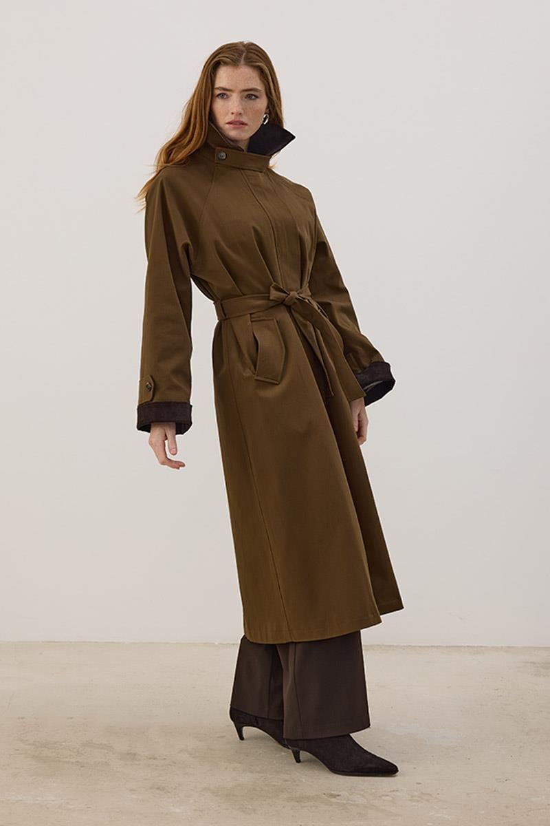 Kadife Detaylı Trençkot Koyu Haki