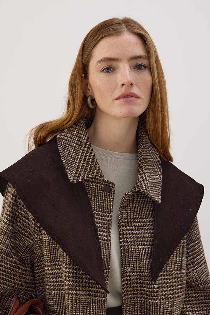 Kadife Fularlı Ekoseli Ceket Kahverengi