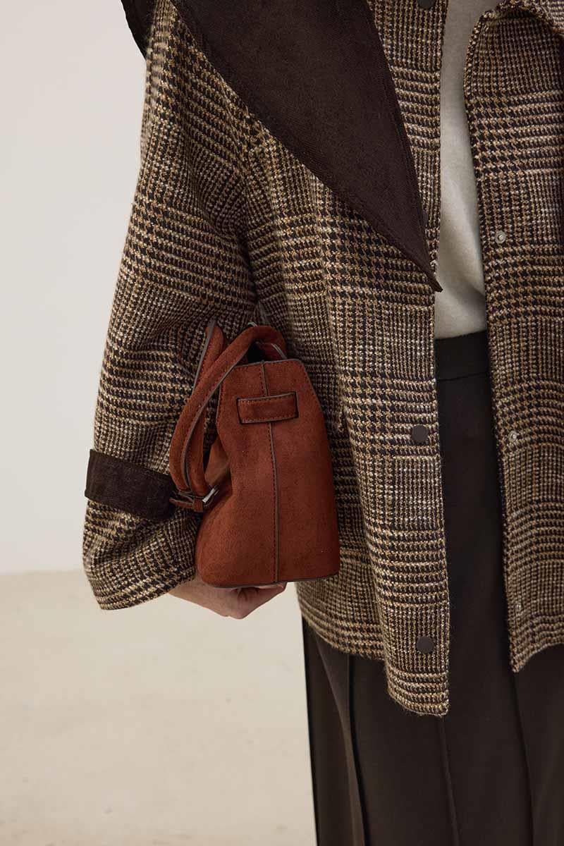 Kadife Fularlı Ekoseli Ceket Kahverengi