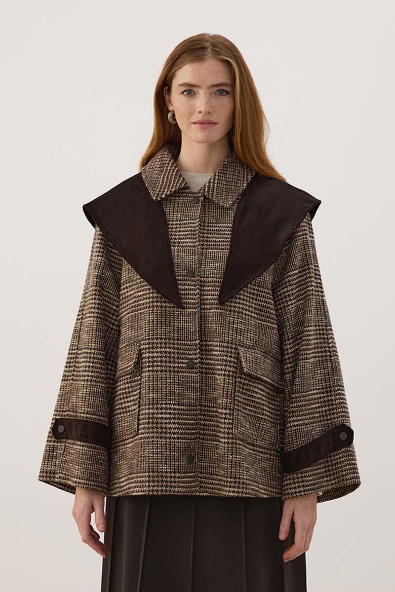 Kadife Fularlı Ekoseli Ceket Kahverengi