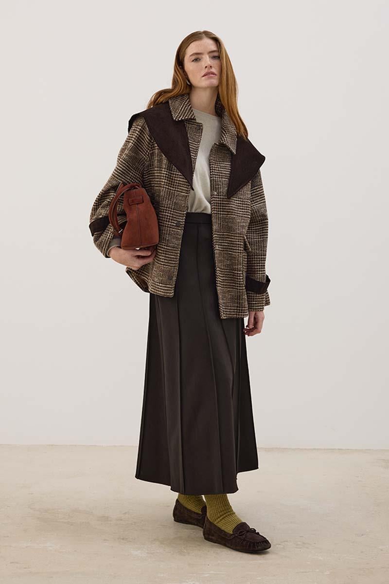 Kadife Fularlı Ekoseli Ceket Kahverengi