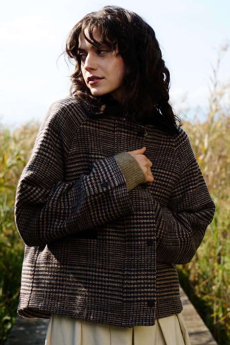 Kadife Yakalı Ekoseli Ceket Acı kahve