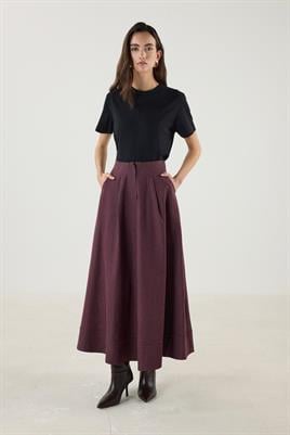 Etek Ucu Parçalı Kloş Kesim Kot Etek Bordo