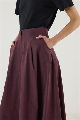 Etek Ucu Parçalı Kloş Kesim Kot Etek Bordo