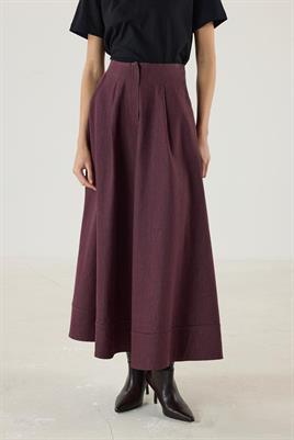 Etek Ucu Parçalı Kloş Kesim Kot Etek Bordo