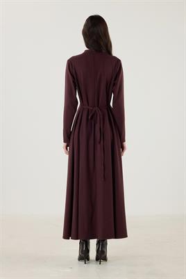 Çift Pileli Yüksek Yaka Elbise Mürdüm