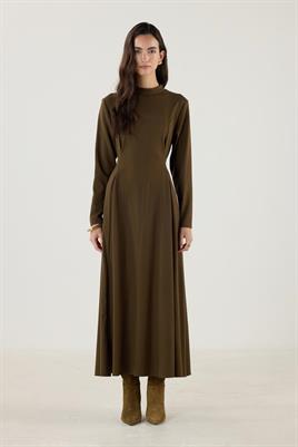 Çift Pileli Yüksek Yaka Elbise Haki