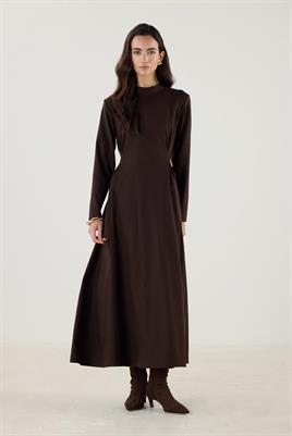 Çift Pileli Yüksek Yaka Elbise Acı kahve
