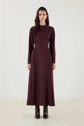 Çift Pileli Yüksek Yaka Elbise Mürdüm