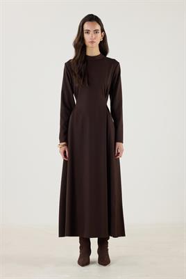 Çift Pileli Yüksek Yaka Elbise Acı kahve