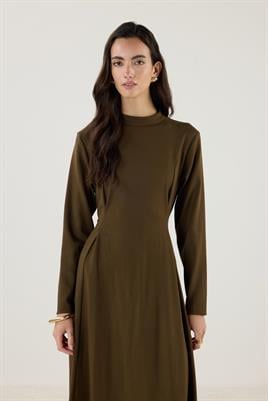 Çift Pileli Yüksek Yaka Elbise Haki