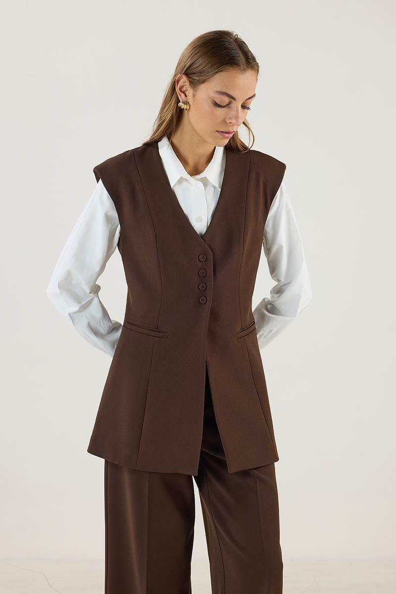 Kahverengi Yelek Culotte Pantolon Takım