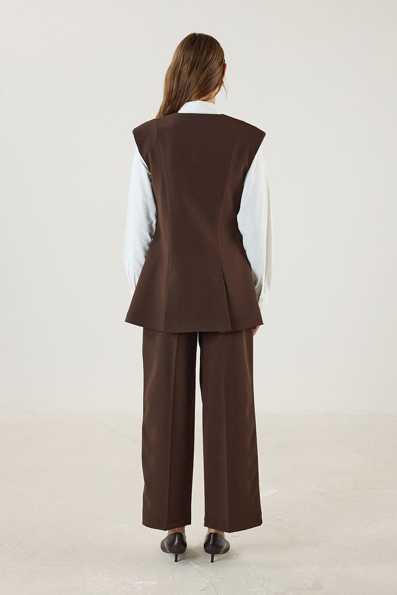 Kahverengi Yelek Culotte Pantolon Takım