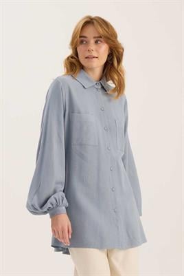 Kaplama Düğmeli Gömlek Mavi