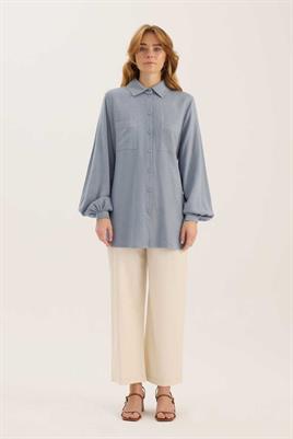 Kaplama Düğmeli Gömlek Mavi