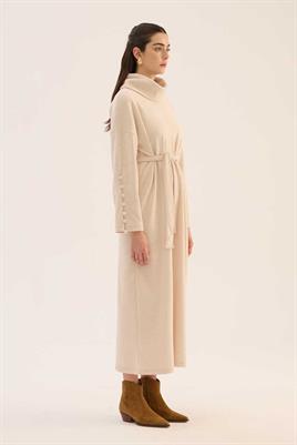 Kaplama Düğmeli Triko Elbise Taş