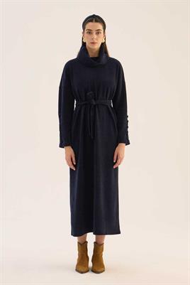 Kaplama Düğmeli Triko Elbise Lacivert