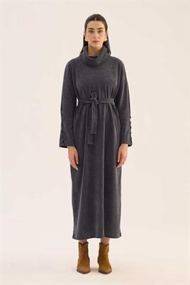 Kaplama Düğmeli Triko Elbise Füme