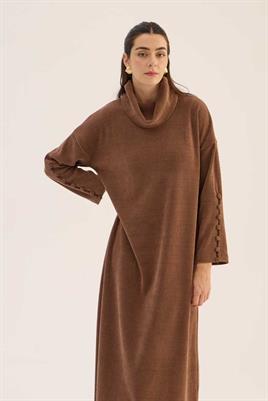 Kaplama Düğmeli Triko Elbise Gül kurusu