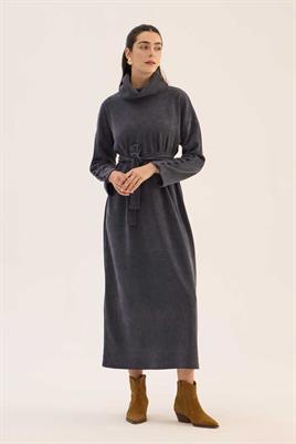 Kaplama Düğmeli Triko Elbise Füme