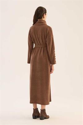 Kaplama Düğmeli Triko Elbise Gül kurusu