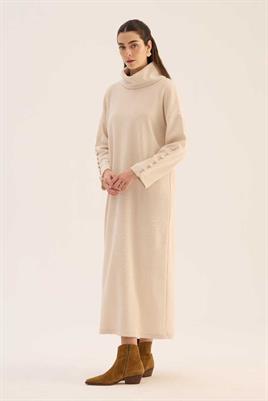 Kaplama Düğmeli Triko Elbise Taş