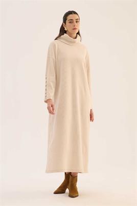 Kaplama Düğmeli Triko Elbise Taş