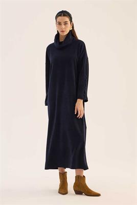 Kaplama Düğmeli Triko Elbise Lacivert