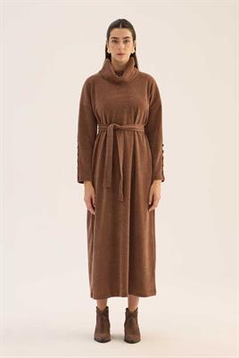 Kaplama Düğmeli Triko Elbise Gül kurusu