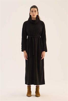 Kaplama Düğmeli Triko Elbise Siyah