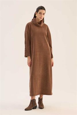 Kaplama Düğmeli Triko Elbise Gül kurusu