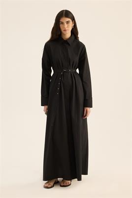 Kaplama Kemer Tokalı Elbise Siyah