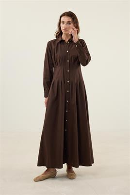 Kavisli Gold Düğmeli Elbise Acı kahve