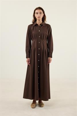 Kavisli Gold Düğmeli Elbise Acı kahve