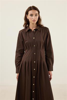 Kavisli Gold Düğmeli Elbise Acı kahve