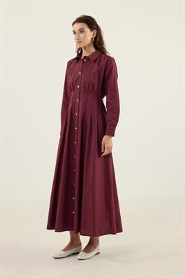 Kavisli Gold Düğmeli Elbise Bordo