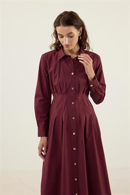 Kavisli Gold Düğmeli Elbise Bordo