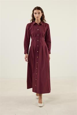 Kavisli Gold Düğmeli Elbise Bordo