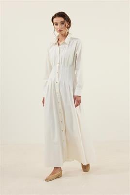 Kavisli Gold Düğmeli Elbise Ekru