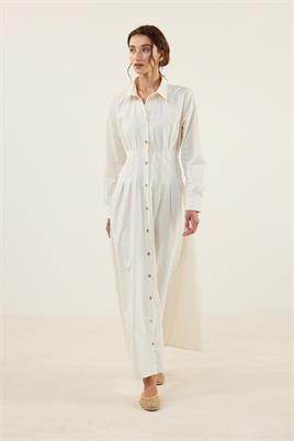 Kavisli Gold Düğmeli Elbise Ekru